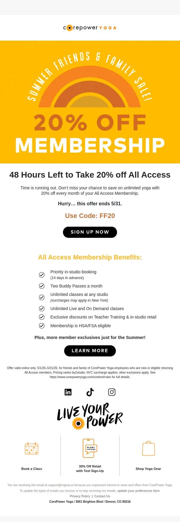 48 Hours Left: 20% Off Membership email from CorePower Yoga screenshot