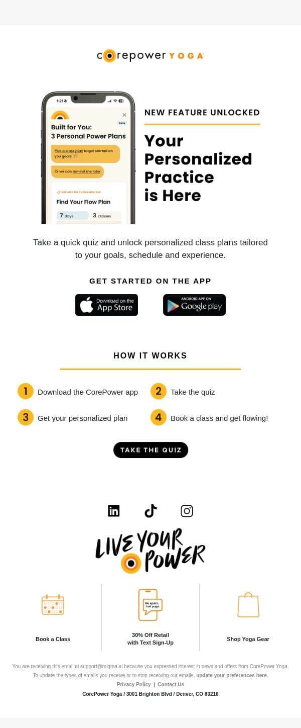 Your Practice Just Got More Personal π email from CorePower Yoga screenshot
