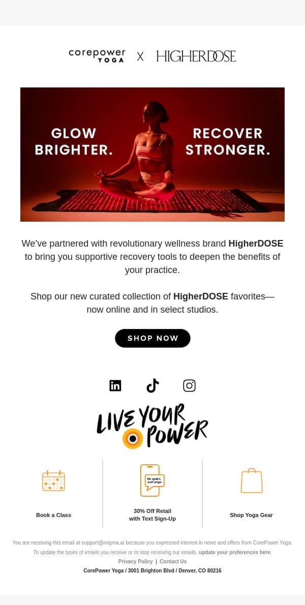 Level Up Your Recovery with HigherDOSE email from CorePower Yoga screenshot