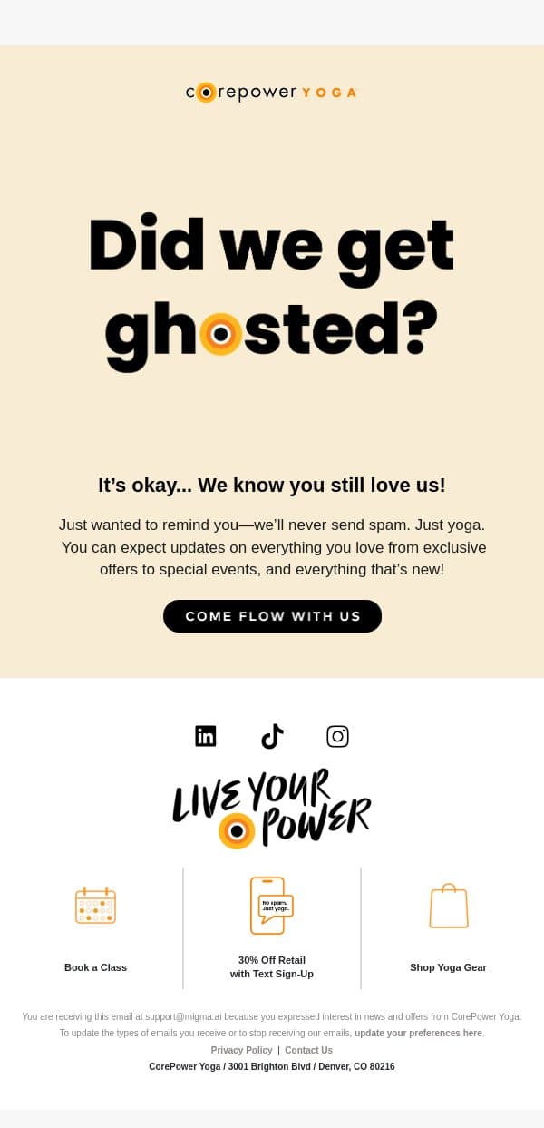 Still there, friend? email from CorePower Yoga screenshot