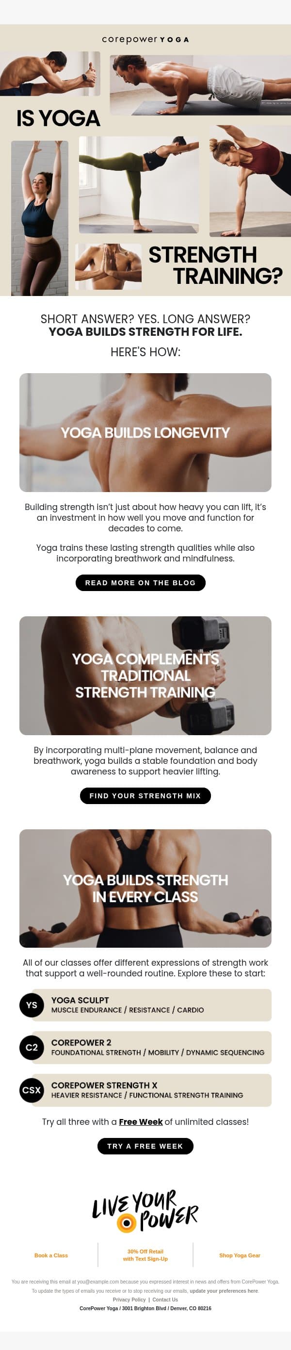 INSIDE: How to be strong ✨forever✨ email from CorePower Yoga screenshot