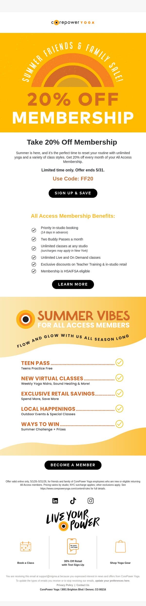 20% Off Happening Now 👀 email from CorePower Yoga screenshot