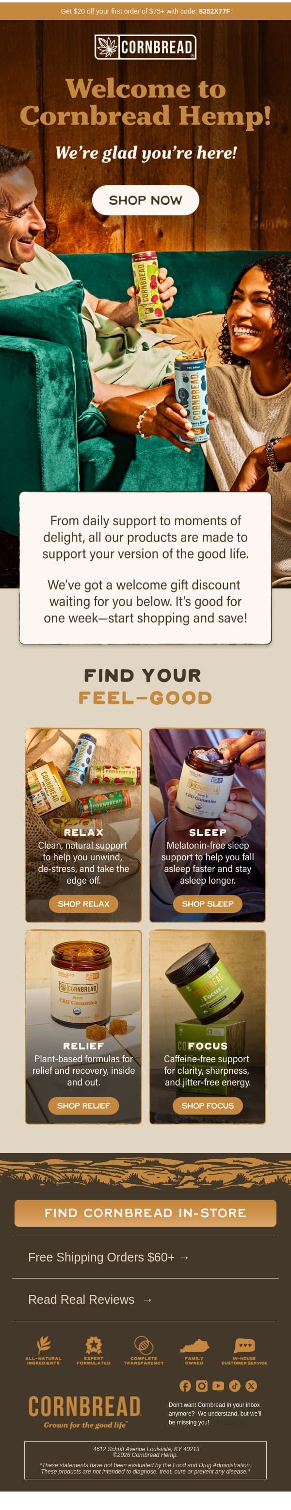Welcome to the good life 🌱 email from Cornbread Hemp screenshot
