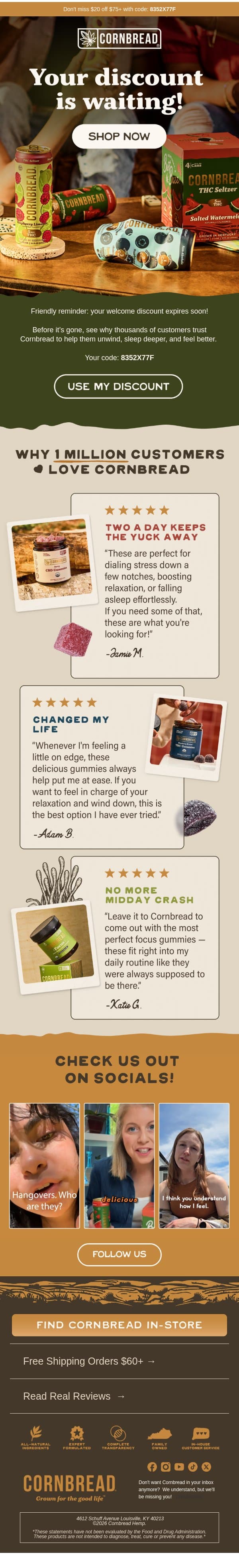 60,000+ five-star reviews can’t be wrong email from Cornbread Hemp screenshot