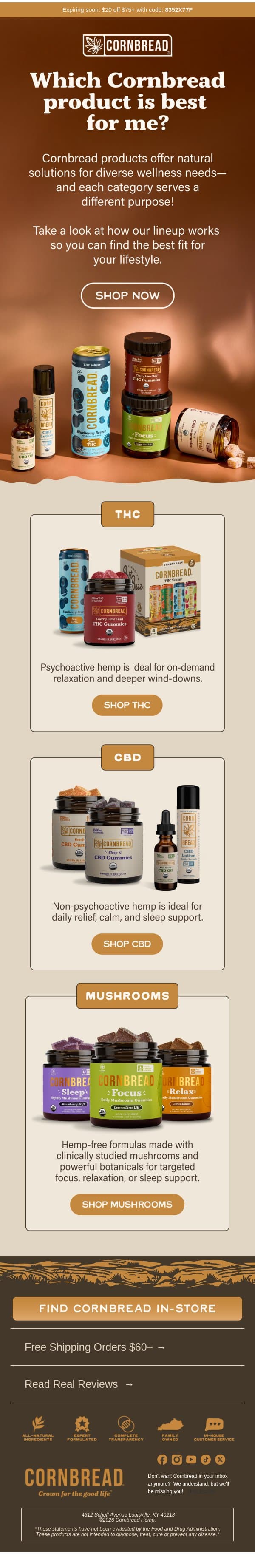 Your welcome gift expires tonight… ⏳ email from Cornbread Hemp screenshot