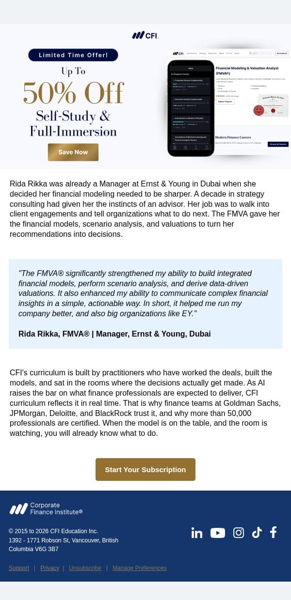 What 78% of CFI learners had within a year email from Corporate Finance Institute (CFI) screenshot