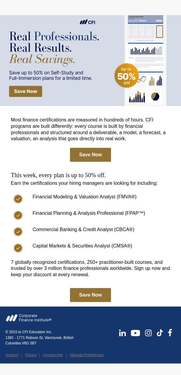 Up to 50% off CFI memberships this week email from Corporate Finance Institute (CFI) screenshot