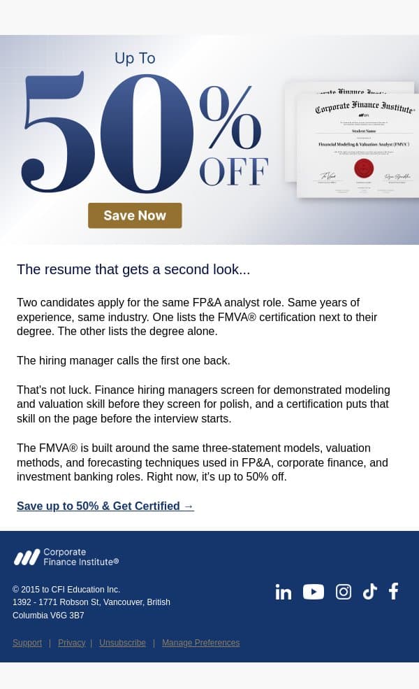 Offer ends soon: start your CFI Membership for up to 50% off email from Corporate Finance Institute (CFI) screenshot