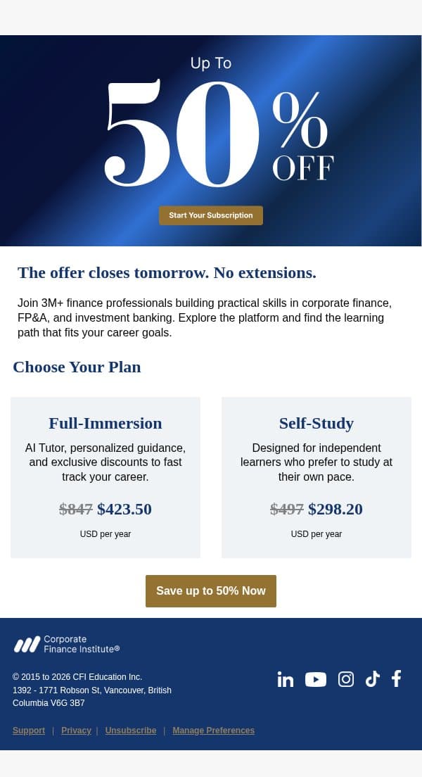 Full Immersion for $423.50 a year, this week only email from Corporate Finance Institute (CFI) screenshot