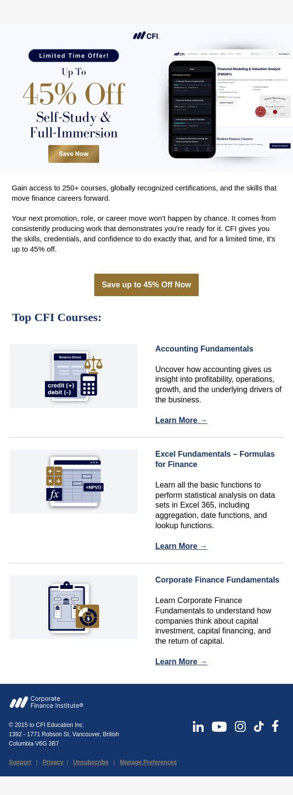 Up to 45% off: Excel, accounting and modeling, all included email from Corporate Finance Institute (CFI) screenshot