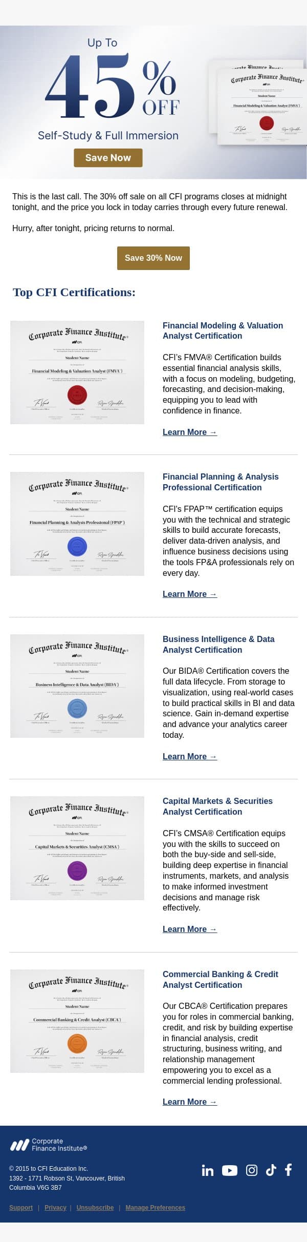 Up to 45% off: here's exactly what your membership includes email from Corporate Finance Institute (CFI) screenshot