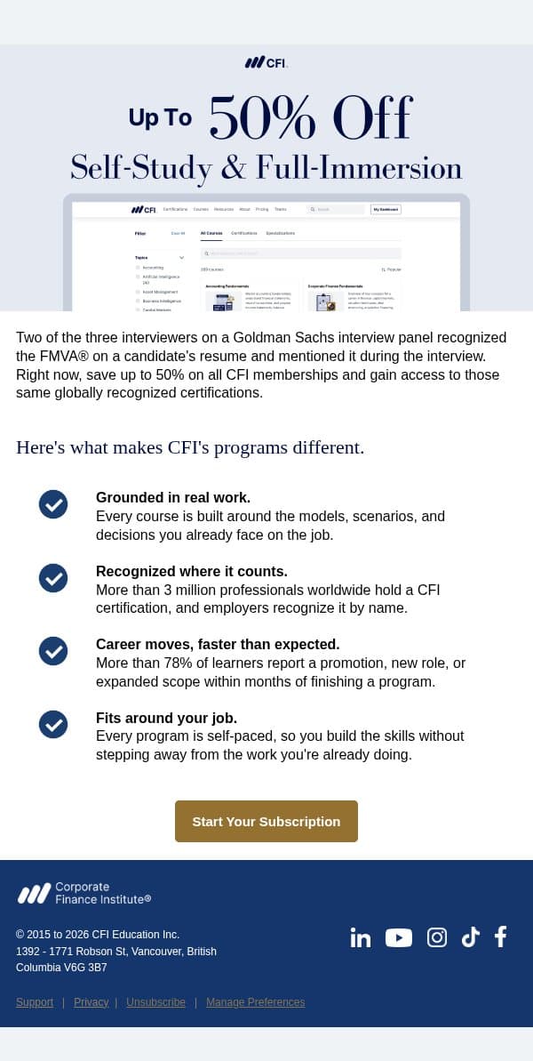 Ends tonight: 50% off Full Immersion email from Corporate Finance Institute (CFI) screenshot