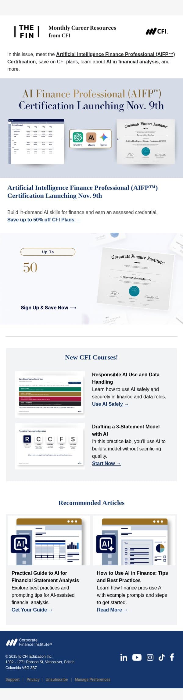 The Fin: Save Up to 50% + New AI for Finance Certification and Courses email from Corporate Finance Institute (CFI) screenshot