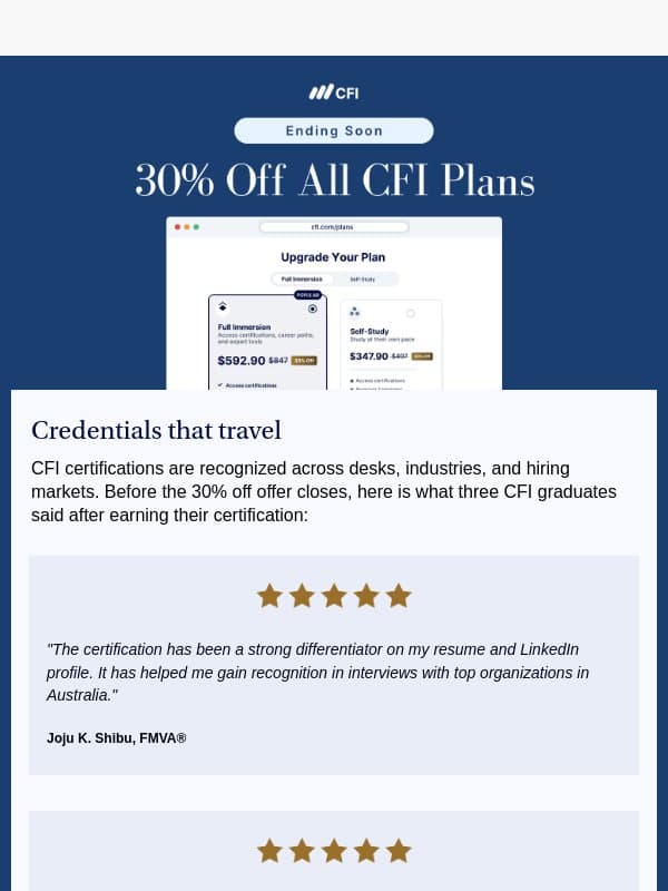 Offer ends soon, start your CFI membership today. email from Corporate Finance Institute (CFI)