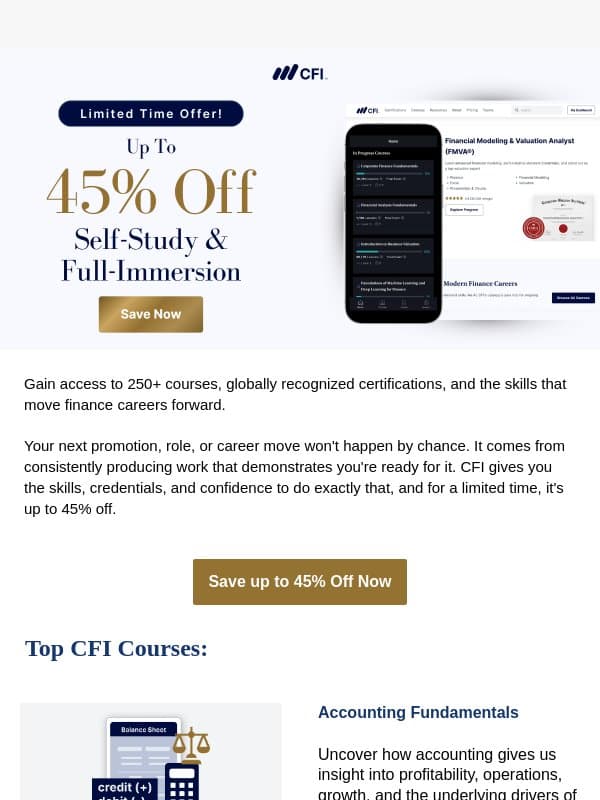 Up to 45% off: Excel, accounting and modeling, all included email from Corporate Finance Institute (CFI)