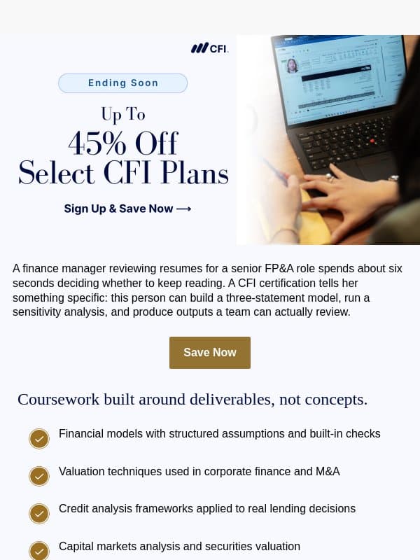 Last day: up to 45% off closes tonight email from Corporate Finance Institute (CFI)