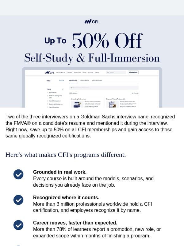 Ends tonight: 50% off Full Immersion email from Corporate Finance Institute (CFI)