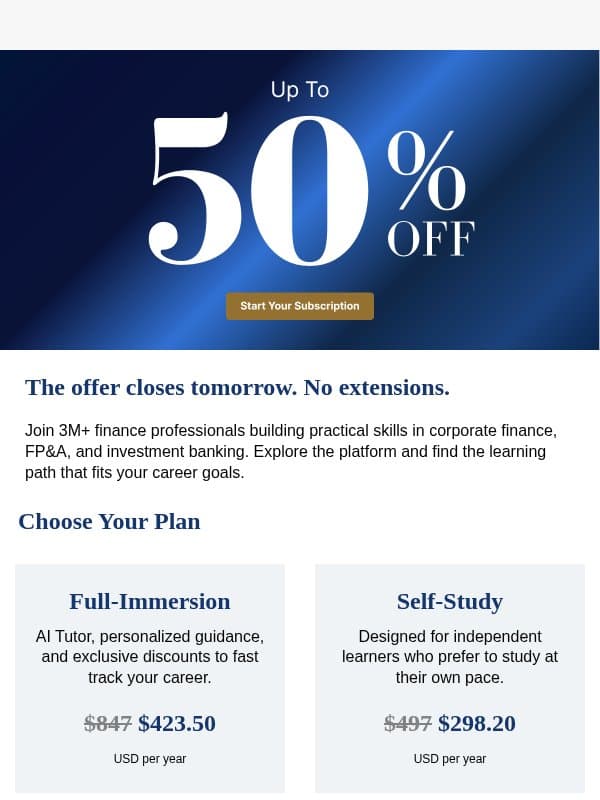 Full Immersion for $423.50 a year, this week only email from Corporate Finance Institute (CFI)