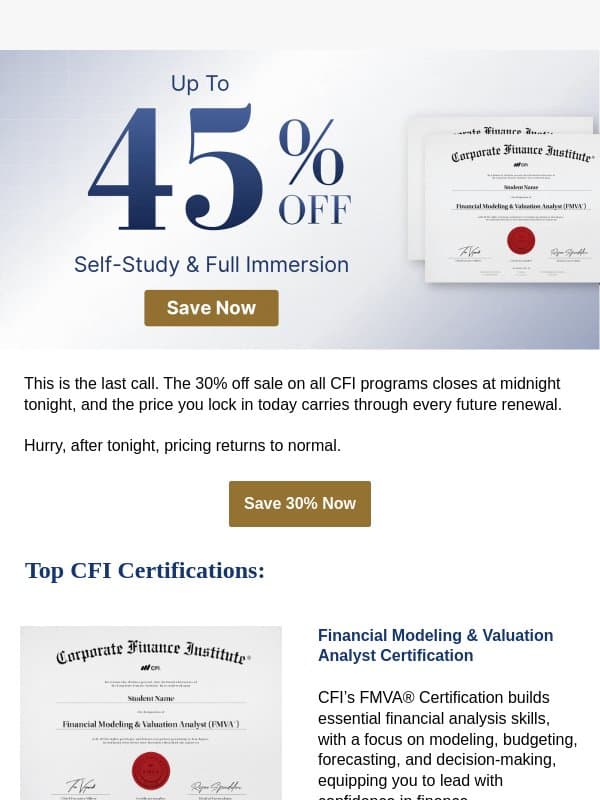 Up to 45% off: here's exactly what your membership includes email from Corporate Finance Institute (CFI)
