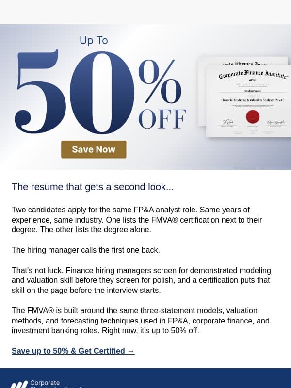 Offer ends soon: start your CFI Membership for up to 50% off email from Corporate Finance Institute (CFI)