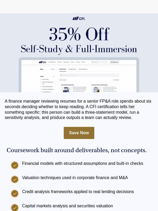 Limited time 35% off: five certifications, one platform email from Corporate Finance Institute (CFI)