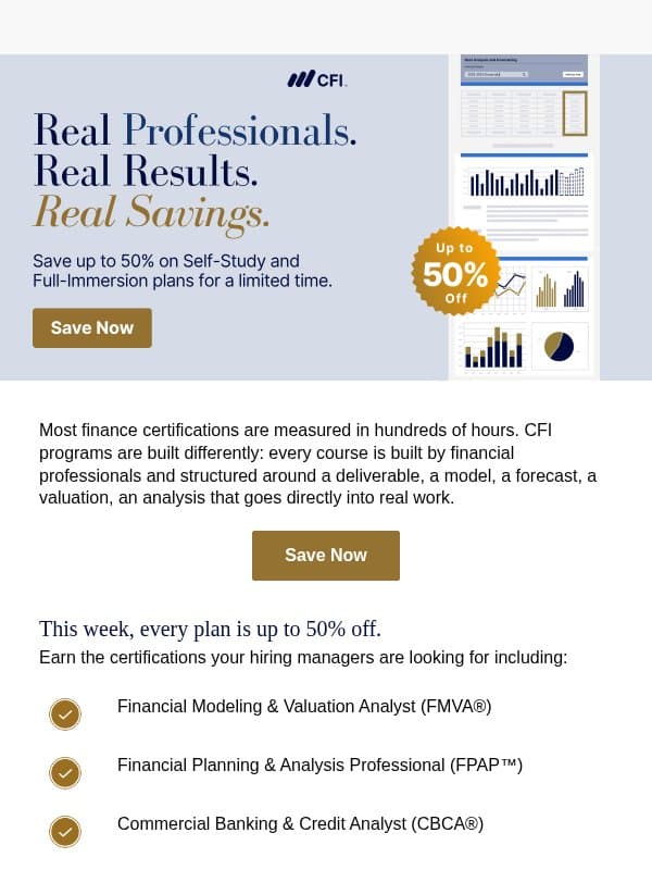 Up to 50% off CFI memberships this week email from Corporate Finance Institute (CFI)