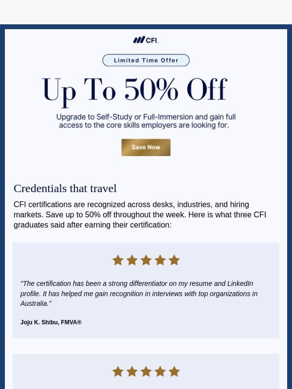 Up to 50% off CFI Memberships, this week only email from Corporate Finance Institute (CFI)