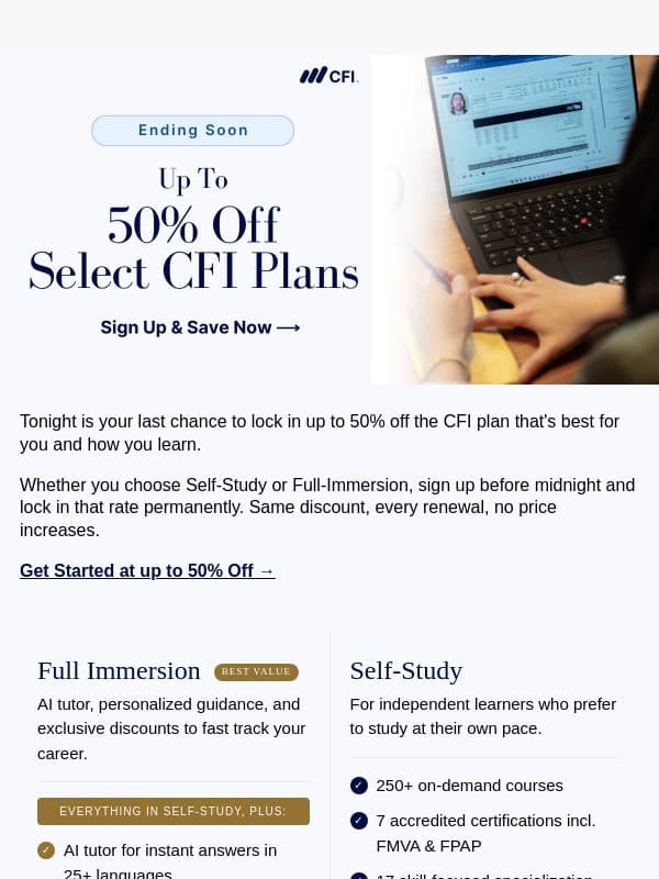 Final hours to save up to 50% off a CFI Membership email from Corporate Finance Institute (CFI)