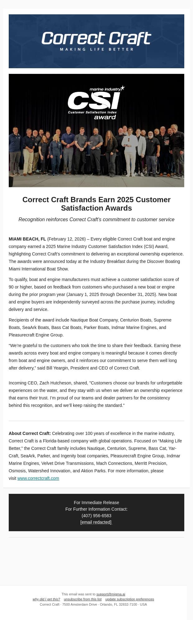 Correct Craft Brands Earn 2025 Customer Satisfaction Awards email from Correct Craft screenshot