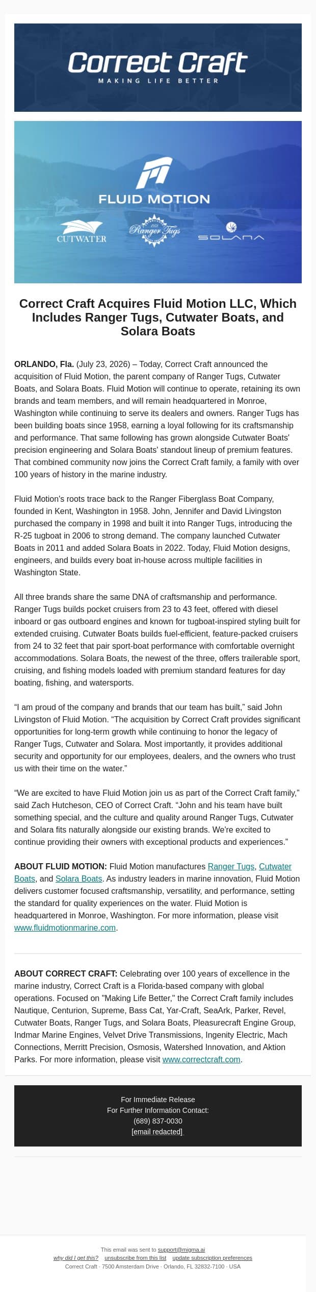 Correct Craft Acquires Fluid Motion LLC email from Correct Craft screenshot