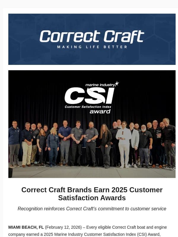 Correct Craft Brands Earn 2025 Customer Satisfaction Awards email from Correct Craft