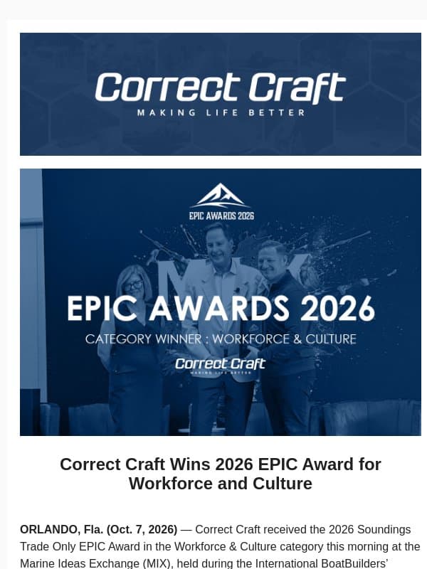 Correct Craft Wins 2026 EPIC Award for Workforce and Culture email from Correct Craft