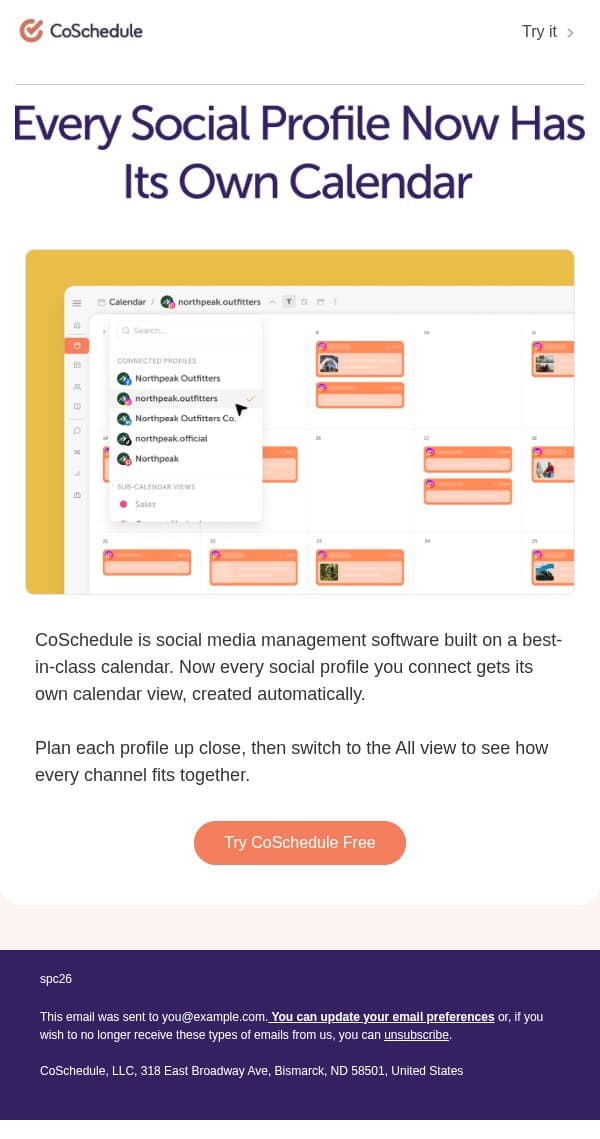 Plan Each Social Profile On Its Own Calendar email from CoSchedule screenshot