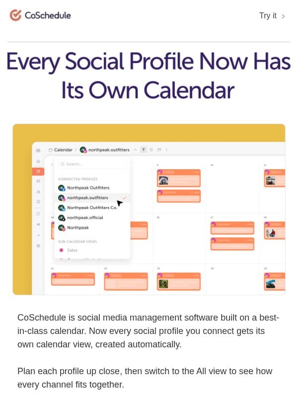 Plan Each Social Profile On Its Own Calendar email from CoSchedule
