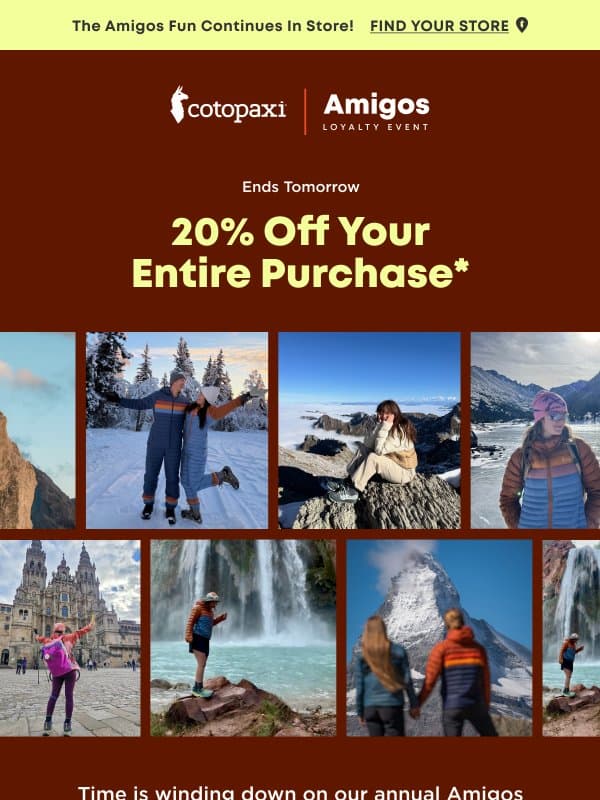 20% Off Entire Purchase Ends Soon! email from Cotopaxi
