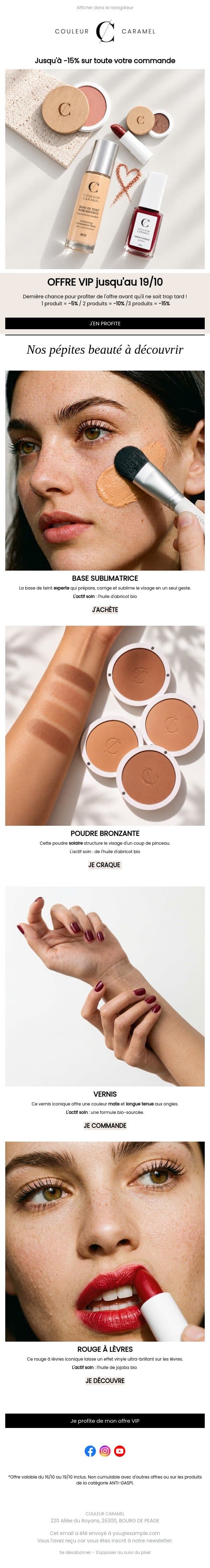 Jusqu'à -15% sur vos articles préférés : ne passez pas à côté de la fin de l'offre ! email from Couleur Caramel screenshot