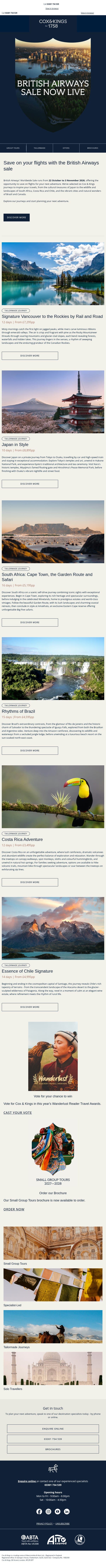 British Airways sale: Save on flights for your next journey email from Cox & Kings screenshot