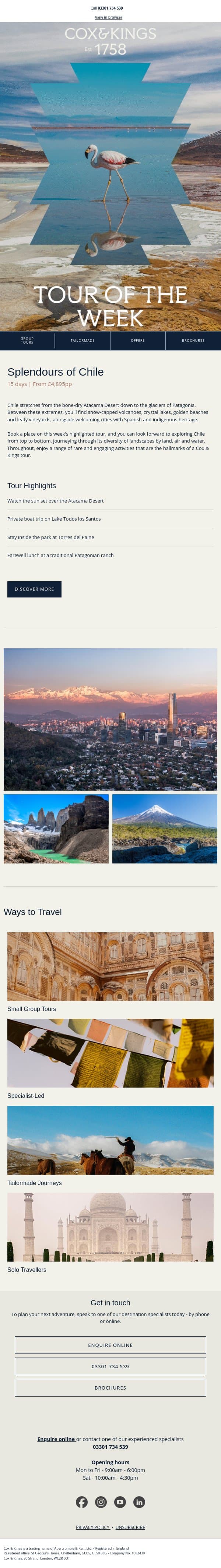 Tour of the Week: Splendours of Chile email from Cox & Kings screenshot