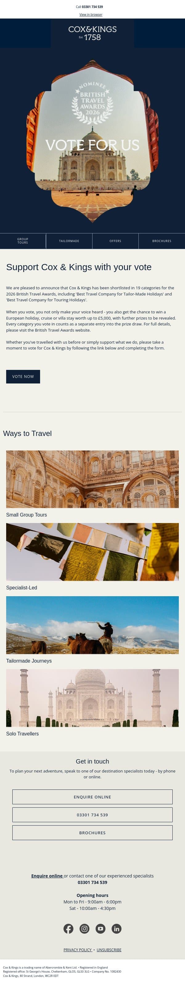 Vote in the British Travel Awards for a chance to win email from Cox & Kings screenshot