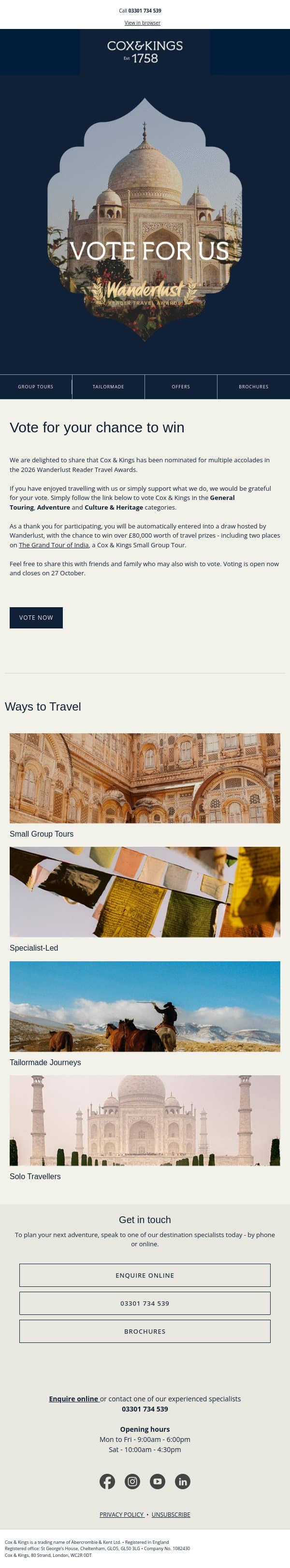Vote in the Wanderlust Travel Awards for your chance to win email from Cox & Kings screenshot