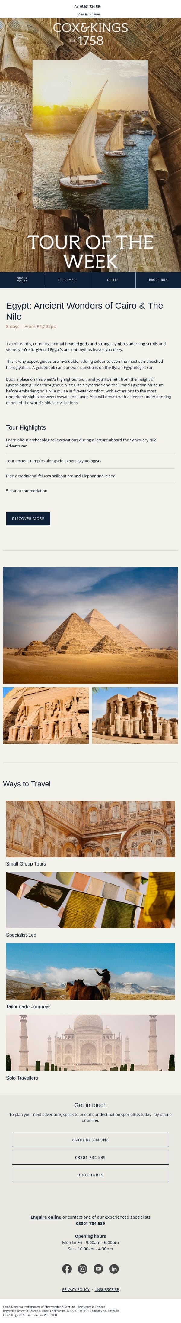 Tour of the Week | Egypt: Ancient Wonders of Cairo & The Nile email from Cox & Kings screenshot
