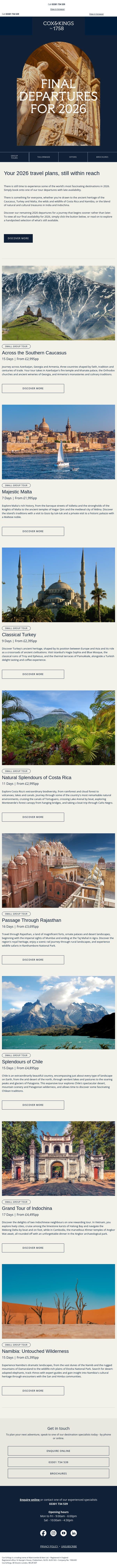 Your final opportunity to travel in 2026 email from Cox & Kings screenshot