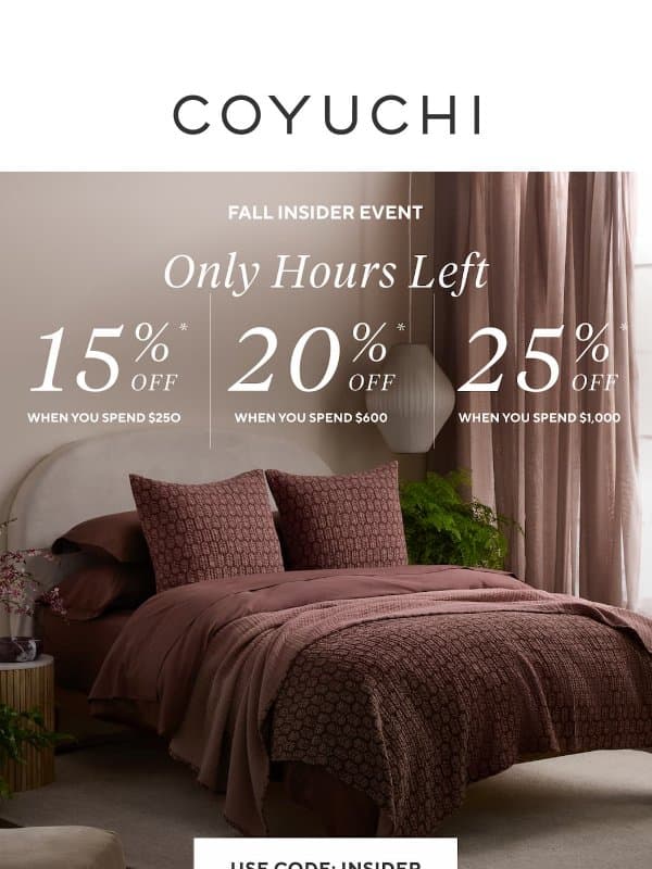 Insider: Your Up to 25% Off Code Expires Tonight! email from Coyuchi