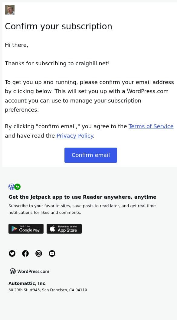 Confirm your subscription email from Craig Hill screenshot