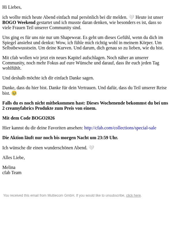Eine kleine Nachricht von uns 🤍 email from creamyfabrics screenshot