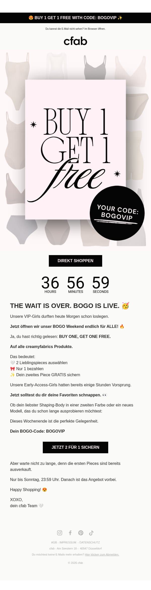 Die VIPs shoppen schon. Jetzt bist DU dran! 😳 email from creamyfabrics screenshot