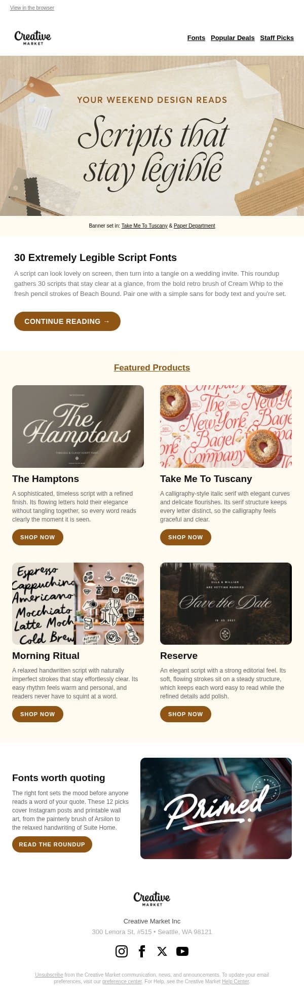 ๐ Weekend Read: 30 script fonts with flowing curves, delicate flourishes & letters you can actually read email from Creative Market screenshot