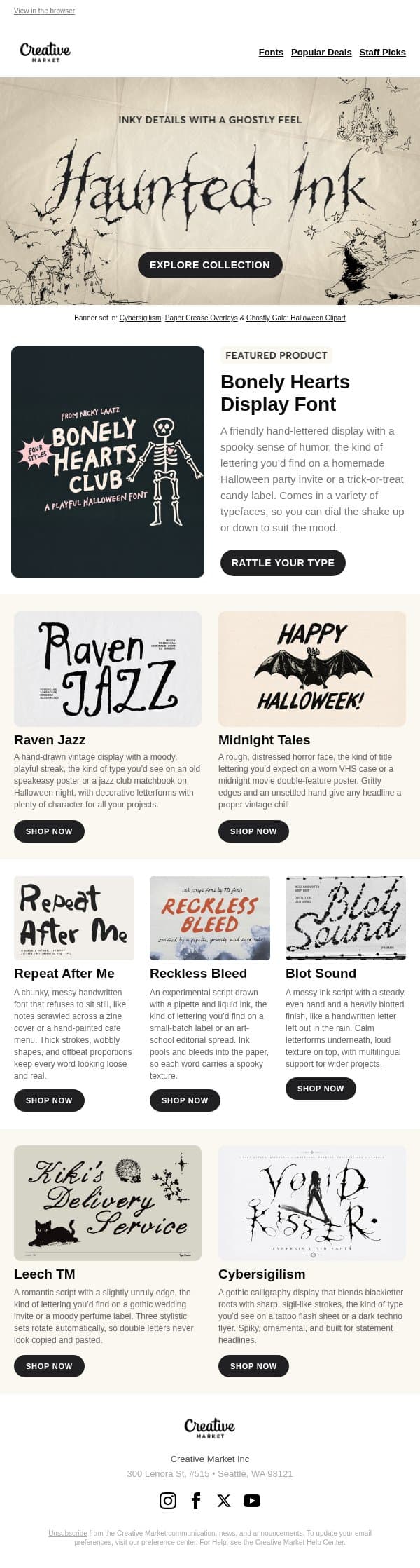 🦇 Haunted Ink: Inspired by leaky fountain pens, B-movie horror posters, and smoky jazz club marquees email from Creative Market screenshot