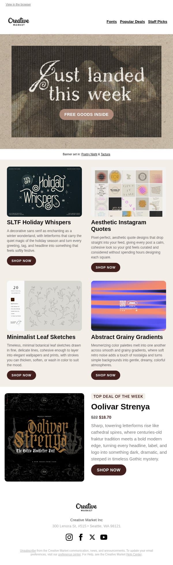 🌿 Free goods: Minimalist leaf line sketches, grainy 4K gradients & a festive font in 4 styles email from Creative Market screenshot