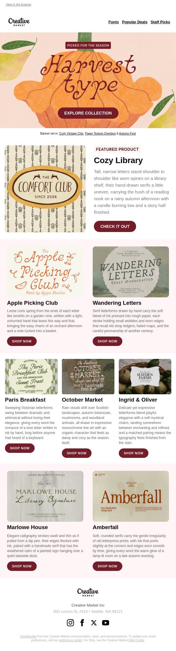 🍎 Harvest Type: Inspired by chalkboard farm stand signs, hand-lettered jam labels, and vintage harvest supper flyers email from Creative Market screenshot